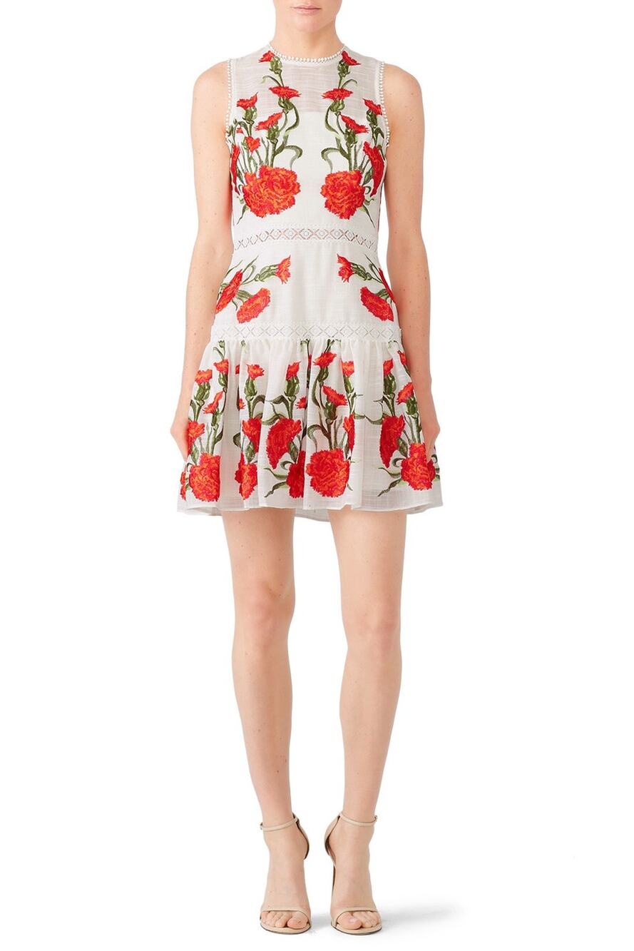 Alexis Blossom White Red Floral Embroidered A-Line Sleeveless Mini Dress Sz S